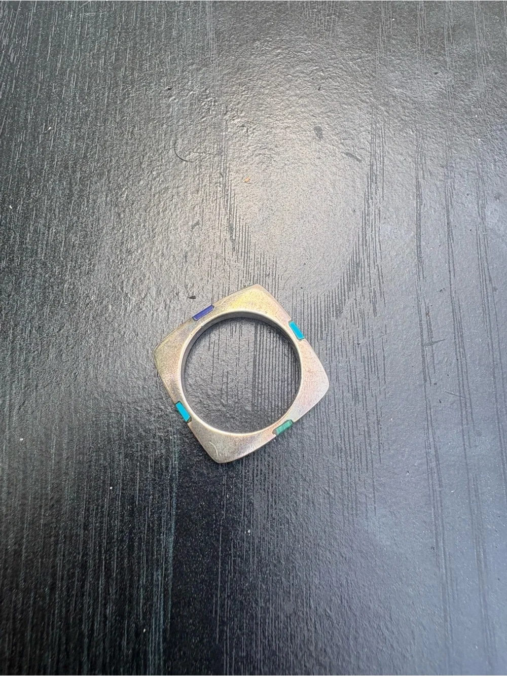 Square Mexico Silver Inlay Ring with Green and Turquoise Stones - Size 10.5